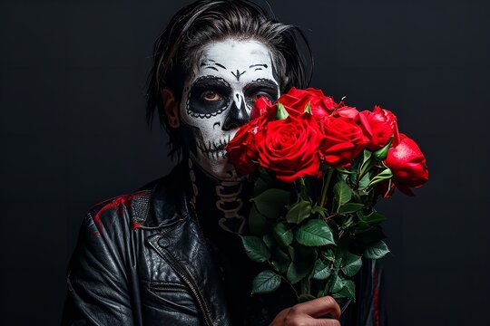 Man with skull face paint makeup holding bouquet of roses, Day of the Dead, Halloween, portrait, spooky, black background