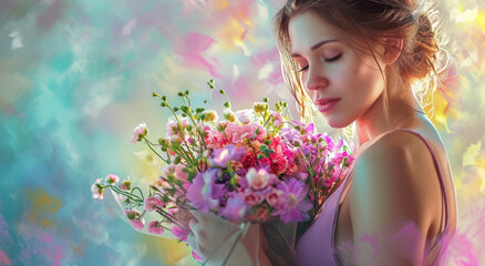 Happy young woman with bouquet of beautiful flowers on light background