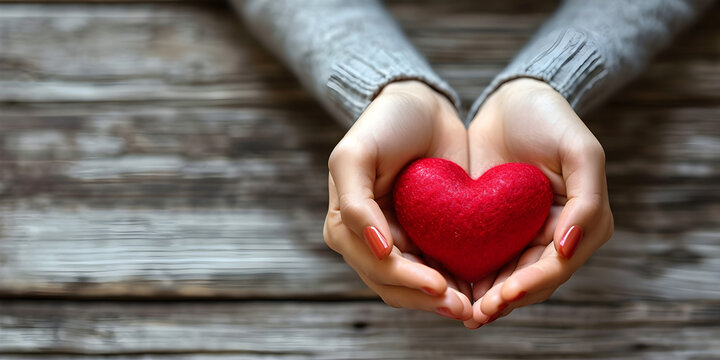 Young women hands holding red heart on wood background, health care, donate and family insurance concept