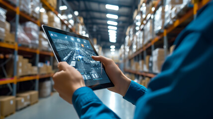 Smart Warehouse,Inventory management system concept.Manager using digital tablet,showing warehouse software management dashboard - obrazy, fototapety, plakaty