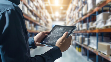 Smart Warehouse,Inventory management system concept.Manager using digital tablet,showing warehouse software management dashboard