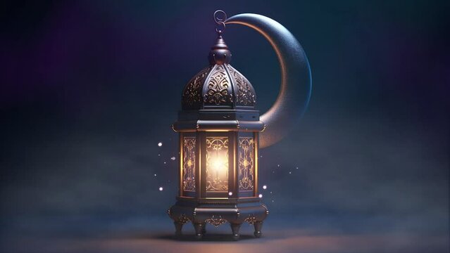 Islamic candle lantern at night with moon and stars. Video of Ramadan Background with Shimmering Glittering Particles with Bokeh.