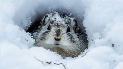 Closeup of a Collared Lemming emerging from its snow burrow its fluffy fur covered in snow and its head peeking through the opening - obrazy, fototapety, plakaty