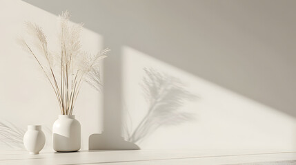 Two White Vases on Top of White Shelf. Podium background for product mockup