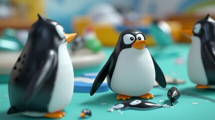 Cartoon scene While the other penguins are focused on the game one sneaky penguin steals a fishshaped pin and starts a game of keep away much to the annoyance o
