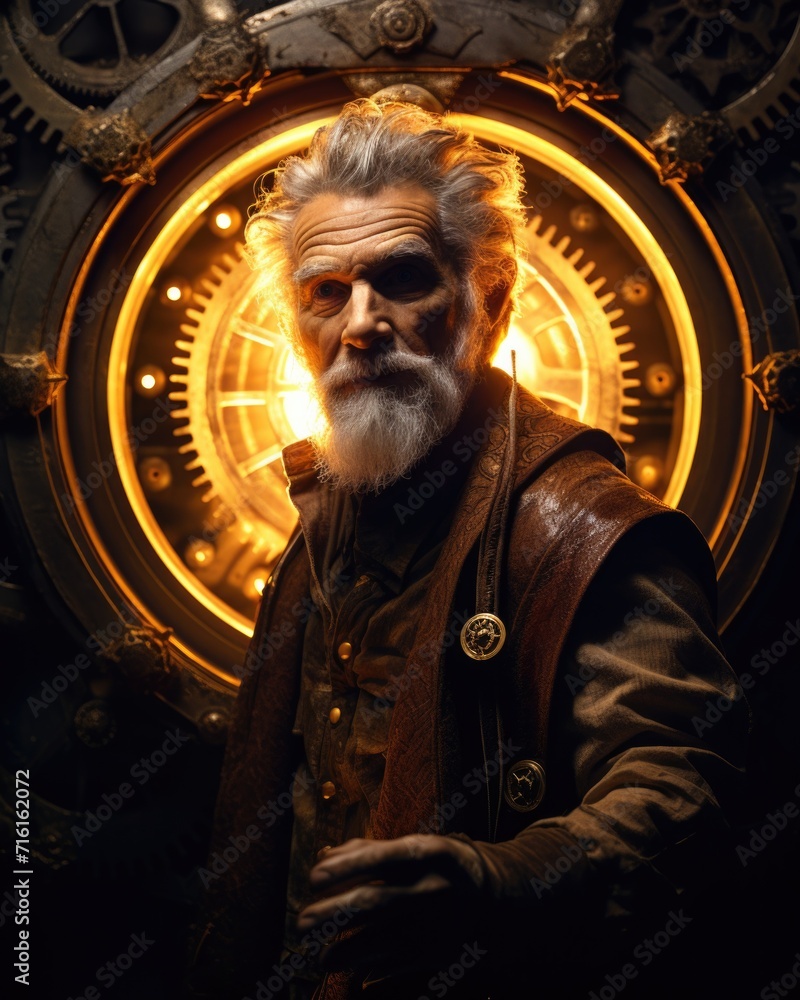 Poster an old man with a beard and a clock in front of him. generative ai.