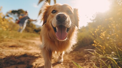 Golden Retriever gets close up and personal with the camera while outdoors walking with his owner in county park on a sunny day
 - obrazy, fototapety, plakaty