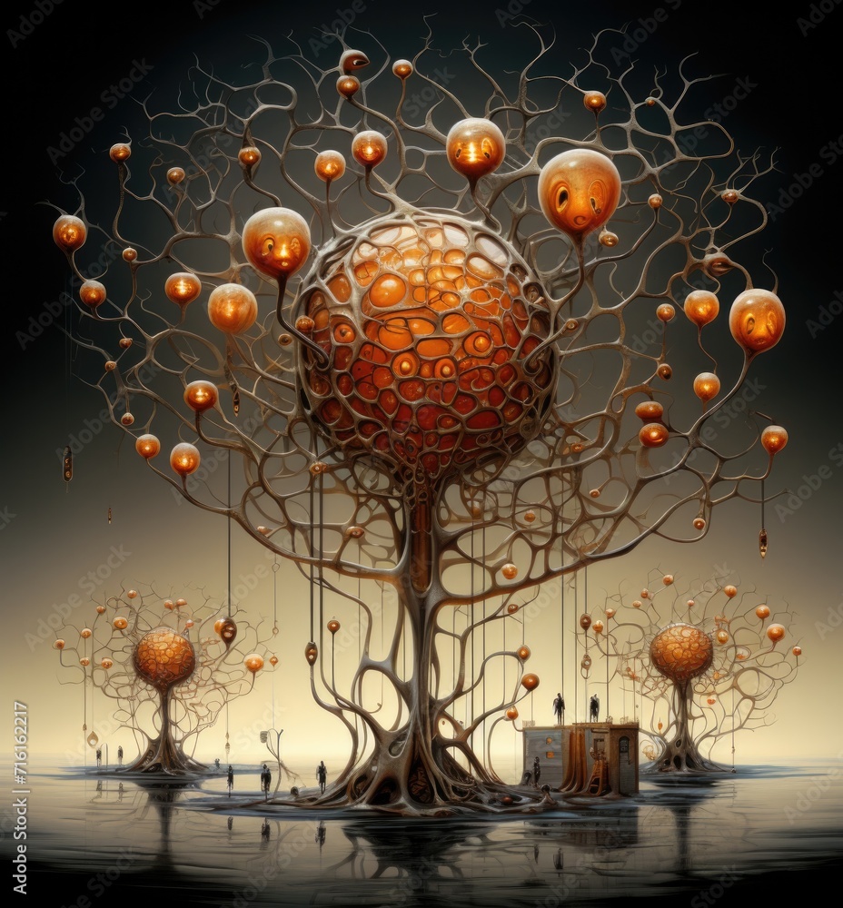 Poster a tree with many orange balls hanging from it. generative ai.
