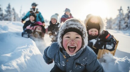 A group of children are having fun in the snow. Generative AI.