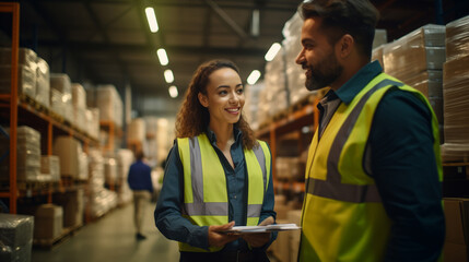 Young female worker in uniform checklist manage parcel box product in warehouse.woman employee holding tablet working at store industry. Logistic import export concept.
