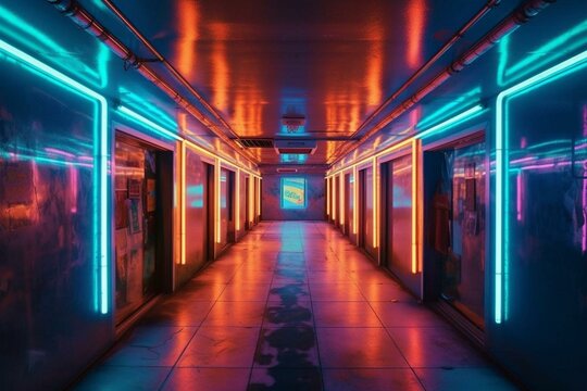 An otherworldly corridor with neon lights stretching into the distance. Generative AI