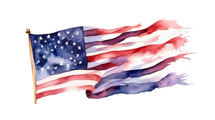 USA flag wavy watercolor clip art for 4th of July holiday independence day holiday in USA.  hand drawn of National flag of United States on png transparency