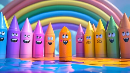 Cartoon scene of a group of crayons playing a game of Pin the Tail on the Rainbow at the Colorful Art Festival with one orange crayon hilariously mistaking the rainbo