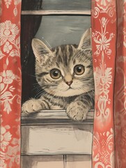 Modern illustration featuring a kitten, invoking a nostalgic mood through muted colors and vintage vibes. Ideal for wallpaper, wall art, and those who love cats.
