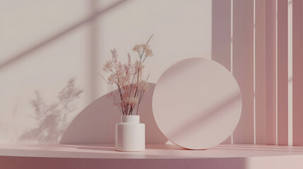 White Vase With Flowers on Shelf, Simple and Elegant Home Decor. Podium background for product mockup