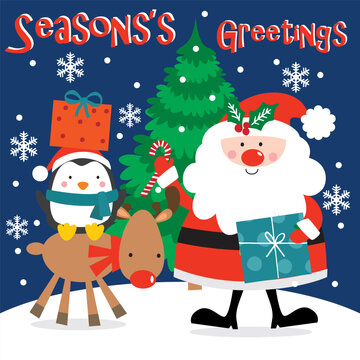 Christmas Card with Santa Claus Reindeer and Penguin