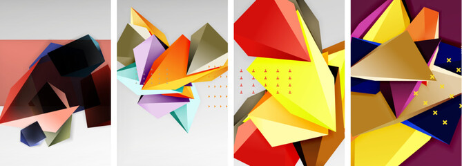 Trendy low poly 3d triangle shapes and other geometric elements background designs for wallpaper, business card, cover, poster, banner, brochure, header, website