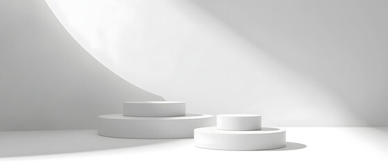 Empty White Room With Three White Pedestals on the Floor. Podium background for product mockup