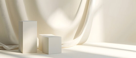 White Block on Floor Next to Curtain in a Simple Room. Podium background for product mockup