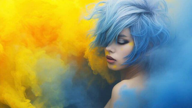 Short haired girl covered with smoke bombs in yellow and blue, loop video