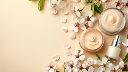 Obraz na płótnie Canvas Beauty creams with white blossoms on a soft beige background