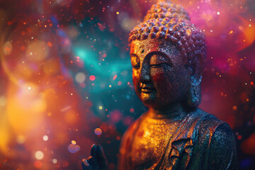 glowing golden buddha with abstract colorful universe background decorated with a big lotus - obrazy, fototapety, plakaty