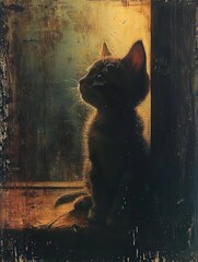 A contemporary illustration capturing the essence of the 1800s, featuring a kitten. Evoking a nostalgic mood with muted color, vintage vibes, suitable for wallpaper, wall art, and cat lovers