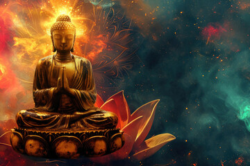 glowing golden buddha with abstract colorful universe background decorated with a big lotus