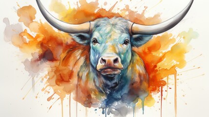 Watercolor Painting of Bull with Colorful Splashes