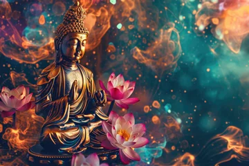 Poster glowing golden buddha with abstract colorful universe background decorated with a big lotus © Kien