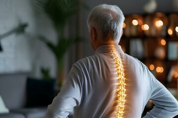 Digital composite of highlighted spine of senior man with back pain at home. generative AI - obrazy, fototapety, plakaty