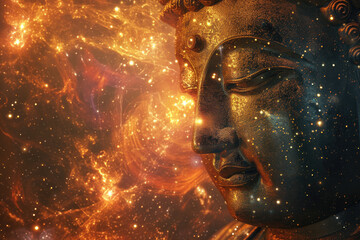 glowing golden buddha with abstract universe background