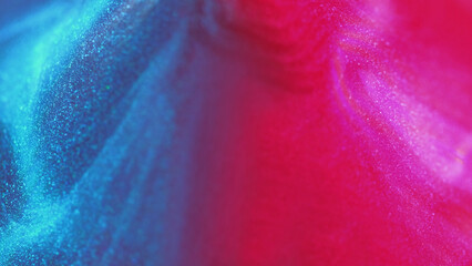 Wet glitter spill. Neon pyramid. Blur bright pink blue color gradient glowing shimmering liquid...