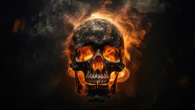 The skull burns in the fire and glows with billowing smoke, a seamless loop video background