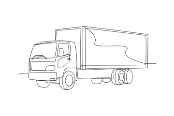 One continuous line drawing of Delivery truck concept. Doodle vector illustration in simple linear style.