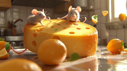The final scene shows the mice successfully pulling off the heist and rolling the enormous wheel of cheese out of the kitchen but one mouse has gotten a little carried awa - obrazy, fototapety, plakaty