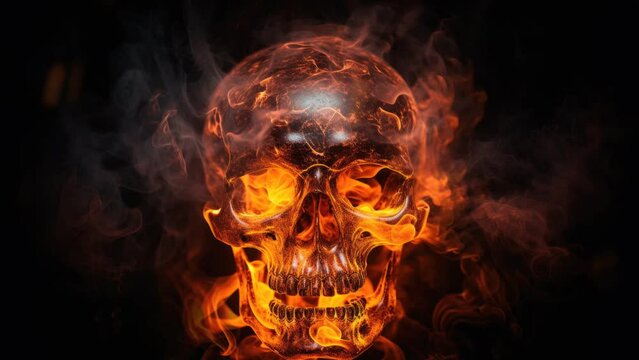 The skull burns in the fire and glows with billowing smoke, a seamless loop video background