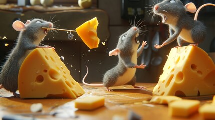 Cartoon scene of a group of mischievous mice plotting their cheese heist in the dead of night. One mouse uses a toothpick as a lock pick while another balances precariousl - obrazy, fototapety, plakaty