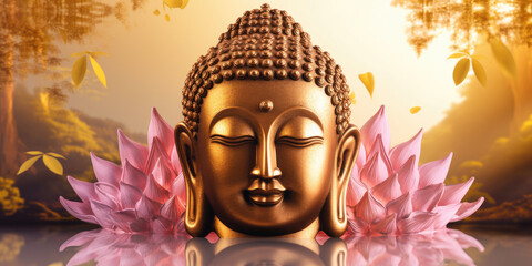 golden crystal buddha face decorated with pink glowing lotuses - obrazy, fototapety, plakaty