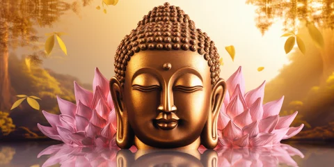 Foto op Aluminium golden crystal buddha face decorated with pink glowing lotuses © Kien