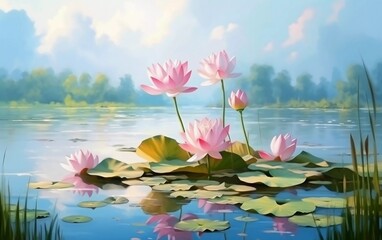 Pink lotus oil painting of beautiful scenery outside the pond. Beautiful view

