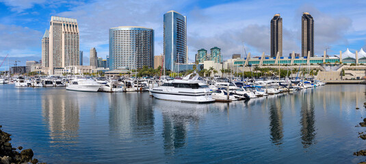 San Diego Marina - A panoramic view of San Diego Marina on a calm sunny Winter day. Downtown San Diego, California, USA.