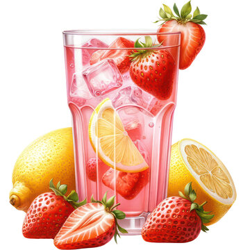 Strawberry Lemonade, A hyper-realistic watercolor style image of a strawberry lemonade in a tall glass, PNG Clipart, High Quality Transparent Backgrounds