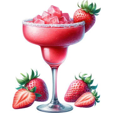 Strawberry Margarita, A hyper-realistic watercolor style image of a strawberry margarita in a classic margarita glass, PNG Clipart, High Quality Transparent Backgrounds