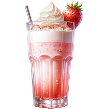 Strawberry and Cream Soda, A hyper-realistic watercolor style image of a strawberry and cream soda in a tall glass, PNG Clipart, High Quality Transparent Backgrounds