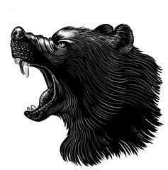 Roaring bear head. Hand-drawn retro styled black and white illustration
