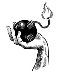 Hand holding a bomb. Hand-drawn retro styled black and white illustration