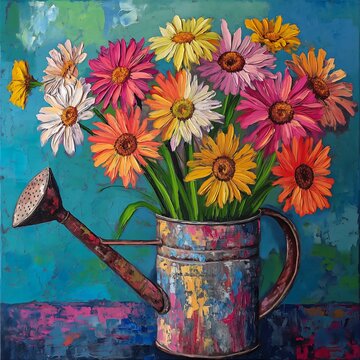 watering flowers table vibrant palette oil glittering metal paint blossoming rhythm daisy cline canvas tall