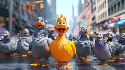 Just when the ducks have successfully navigated the busy city streets they encounter a group of mischievous pigeons who couldnt resist joining the parade and adding a dos - obrazy, fototapety, plakaty