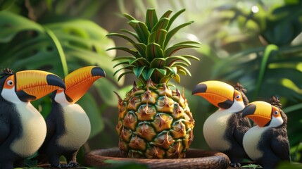 A pineapple hula hoops with such joy and enthusiasm that they accidentally launch themselves into the air causing a group of toucans to ter in surprise. Dont worry the pineappl